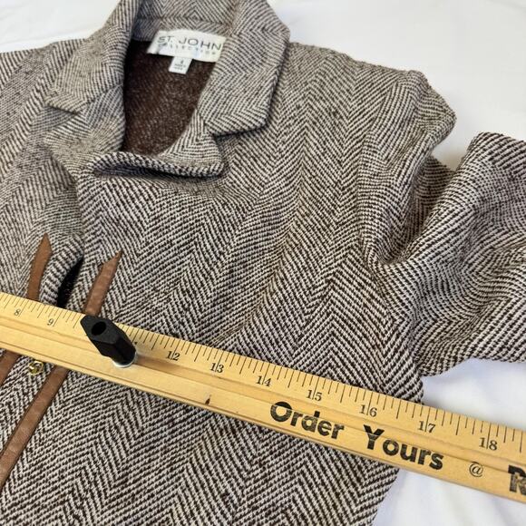 St. John Collection Blazer Jacket 4 S Chevron Wool Blend Brown Tan Unlined Zip - Picture 10 of 13
